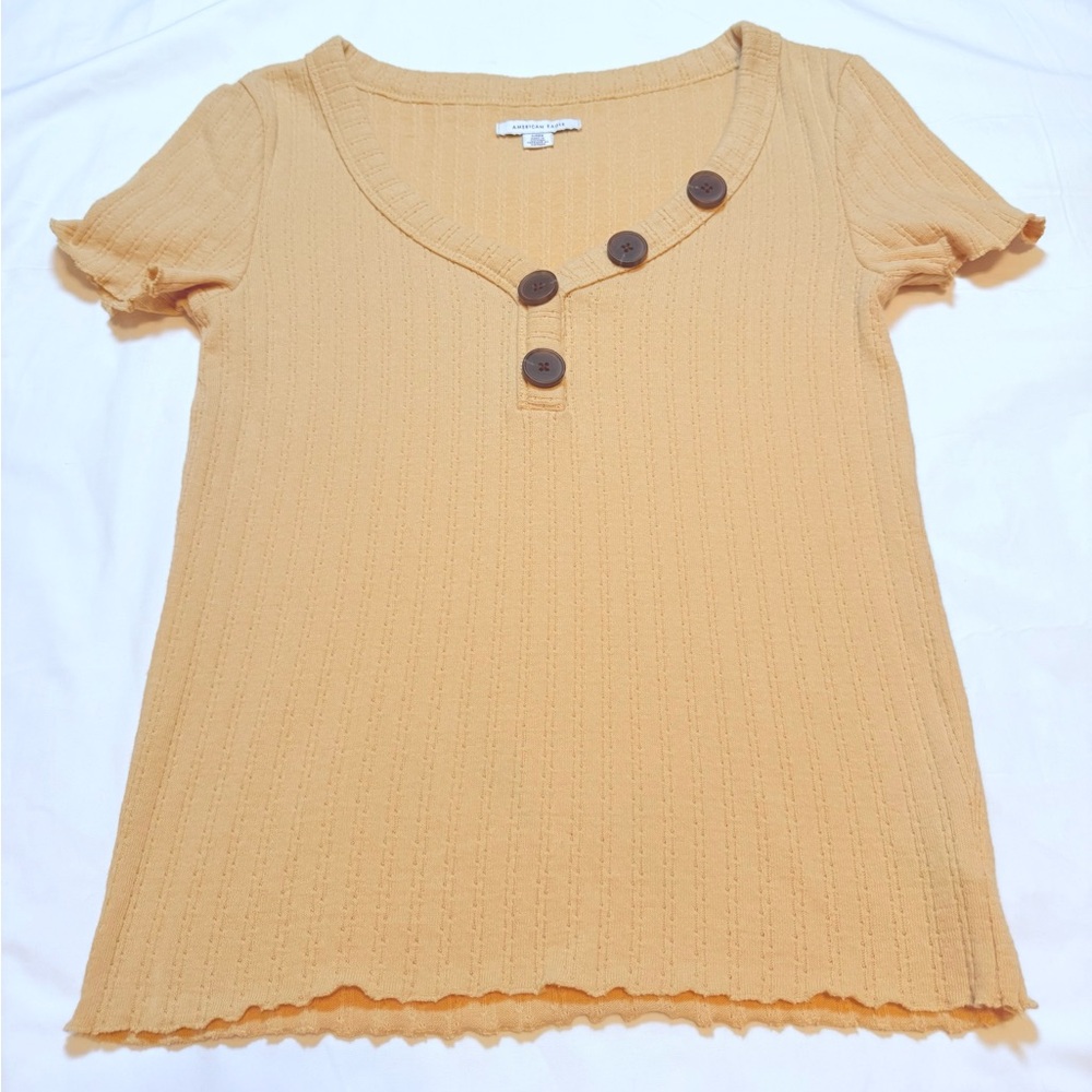 American Eagle Mustard Pointelle Ribbed Henley Top - Size S